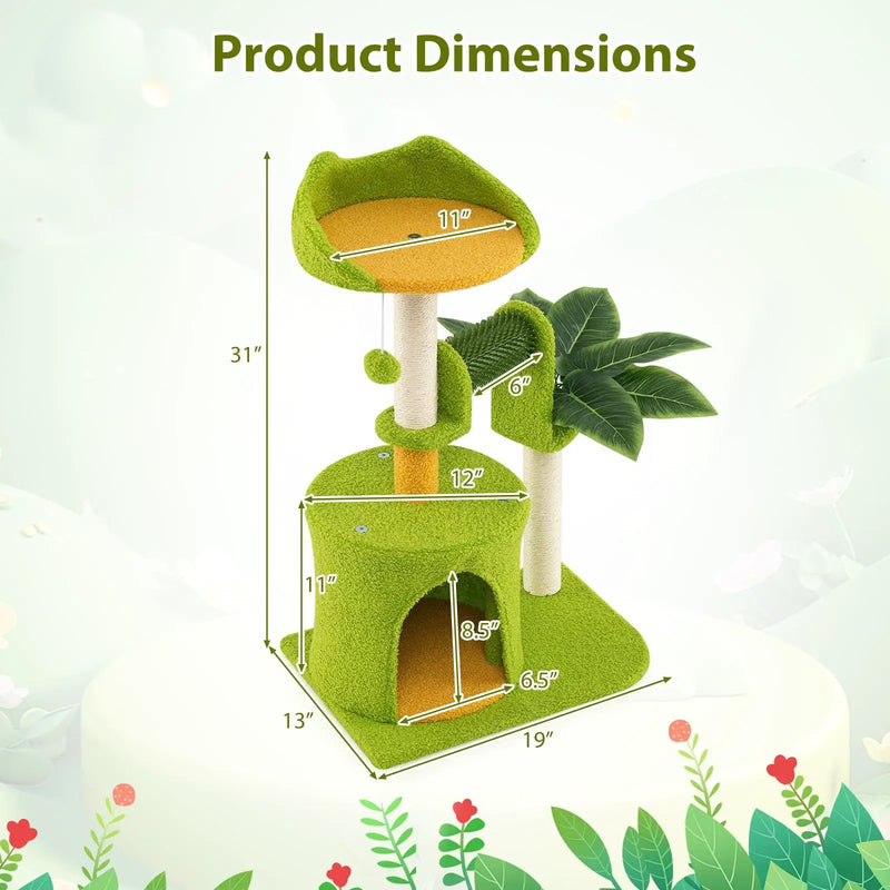Cute Palm Cat Tree for Indoor Cats with Artificial Leaves-Green by DirectDeals