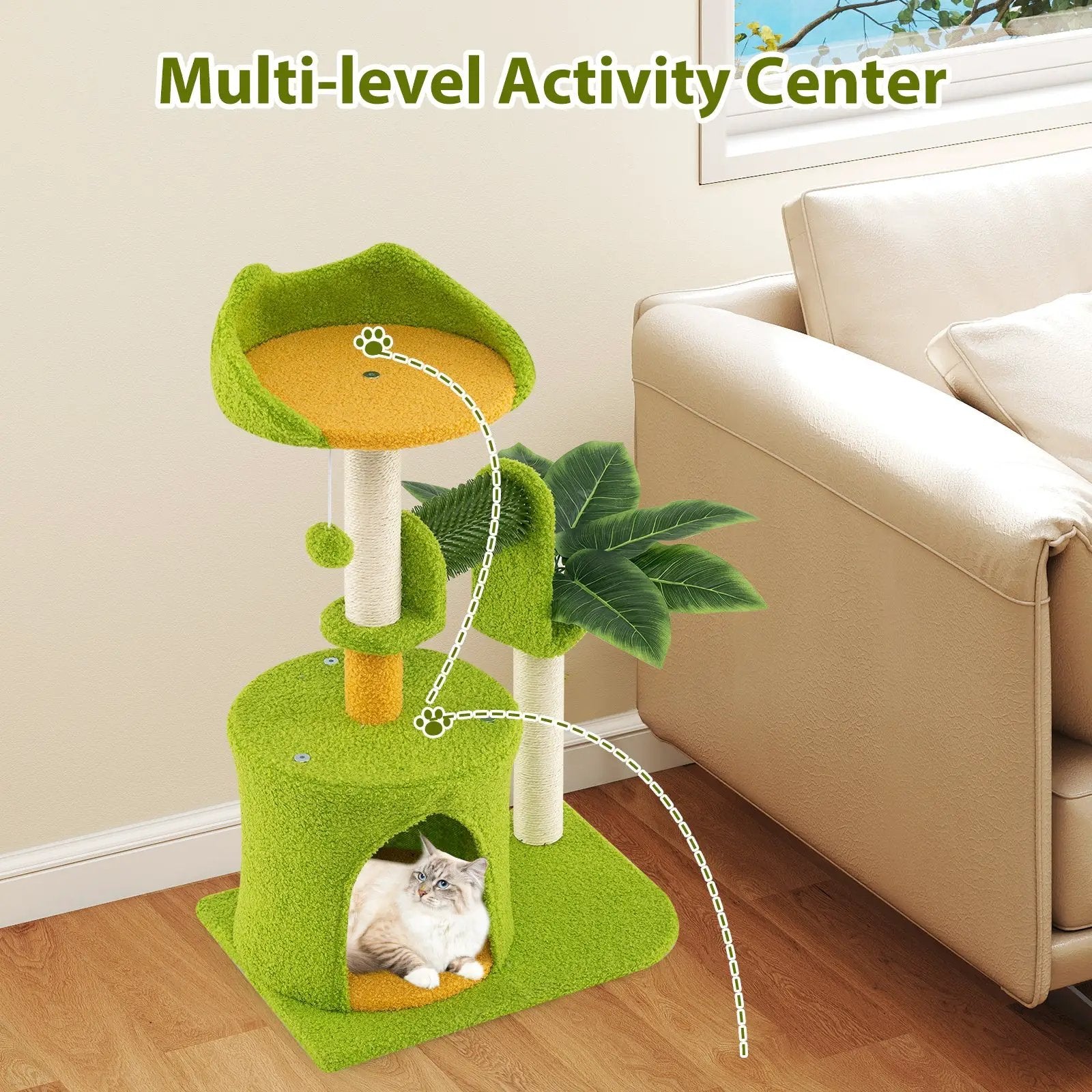 Cute Palm Cat Tree for Indoor Cats with Artificial Leaves-Green by DirectDeals