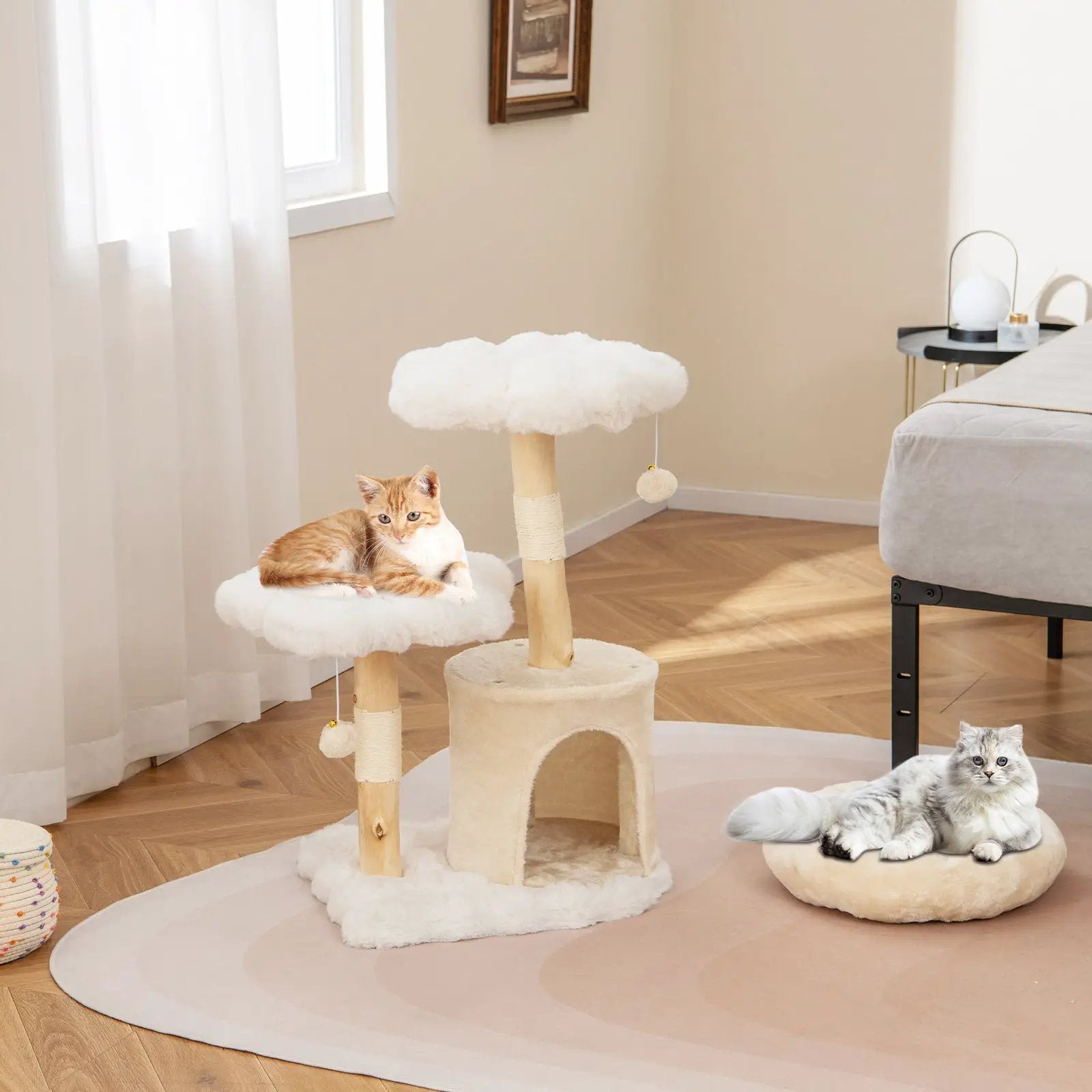 Cute Solid Wood Cat Tree Natural Branch Modern Flower Cat Tower with Sisal Scratching Posts-Beige by DirectDeals
