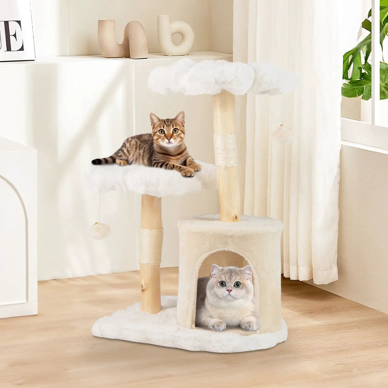 Cute Solid Wood Cat Tree Natural Branch Modern Flower Cat Tower with Sisal Scratching Posts-Beige by DirectDeals