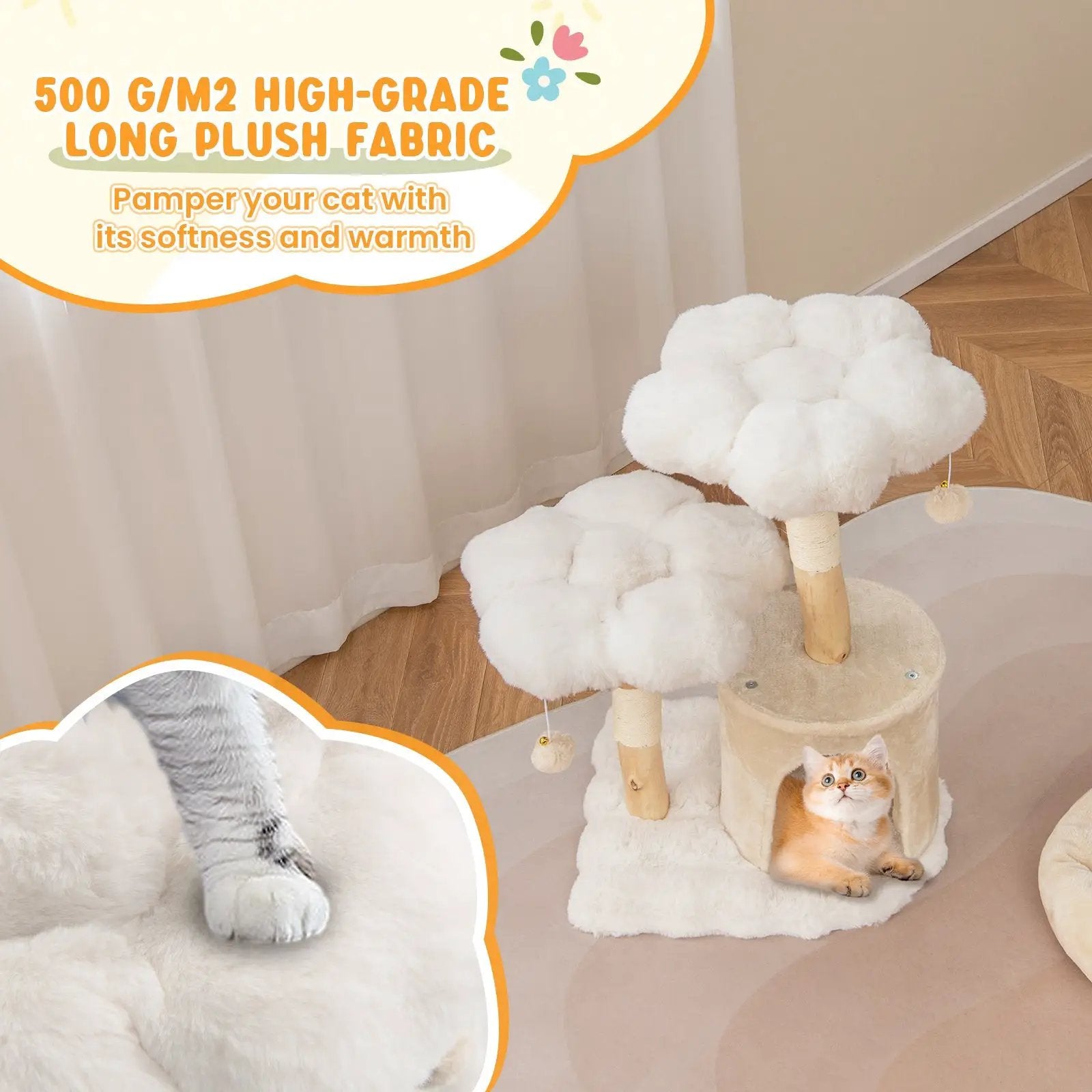 Cute Solid Wood Cat Tree Natural Branch Modern Flower Cat Tower with Sisal Scratching Posts-Beige by DirectDeals