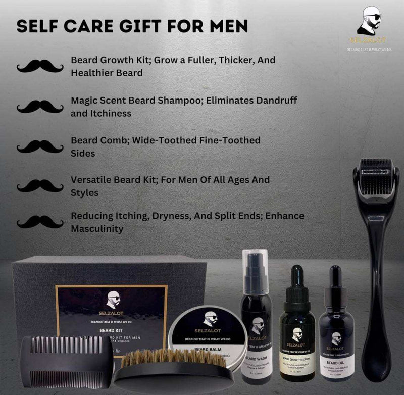 SELZALOT Beard Growth Kit Facial Hairs Men's Grooming Set 7 Pieces Beard Products with Oil, Serum, Balm, Shampoo, Comb, Brush and Hand Beard Care Kit for Men Men Self Care by Selzalot