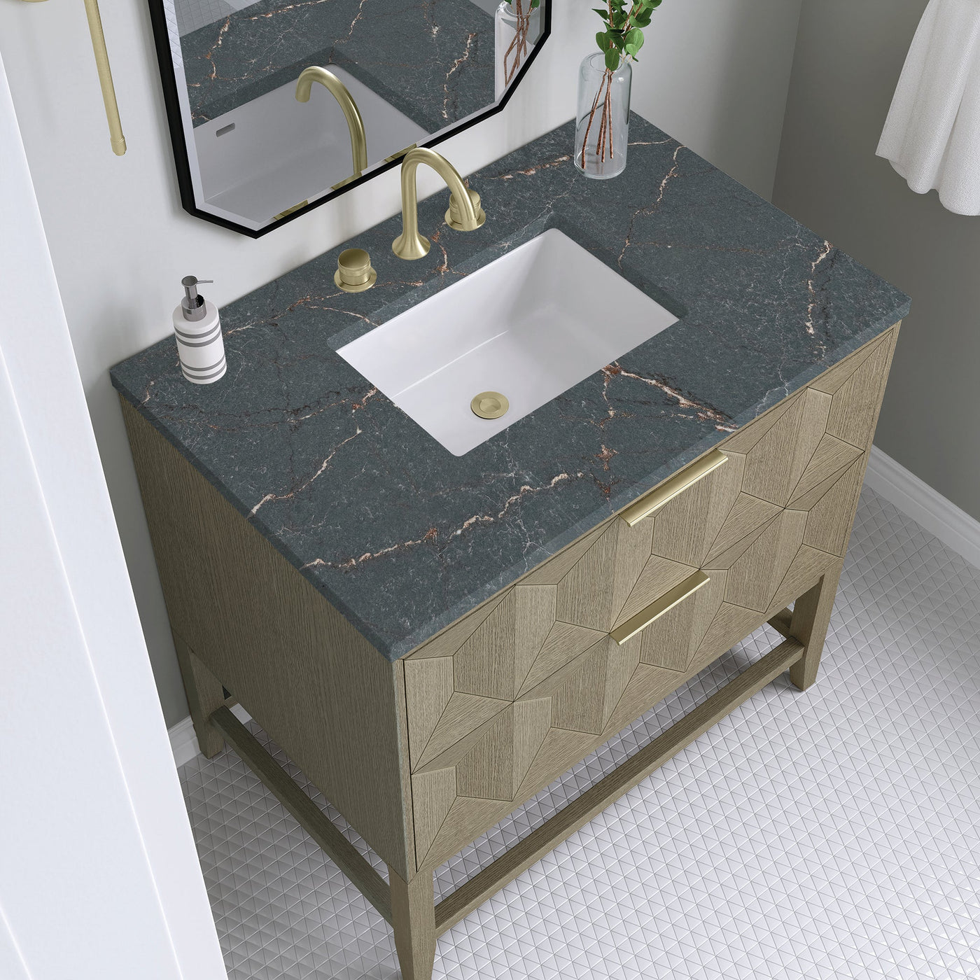 James Martin Emmeline 36" Single Bathroom Vanity, Pebble Oak with Parisien Bleu countertop