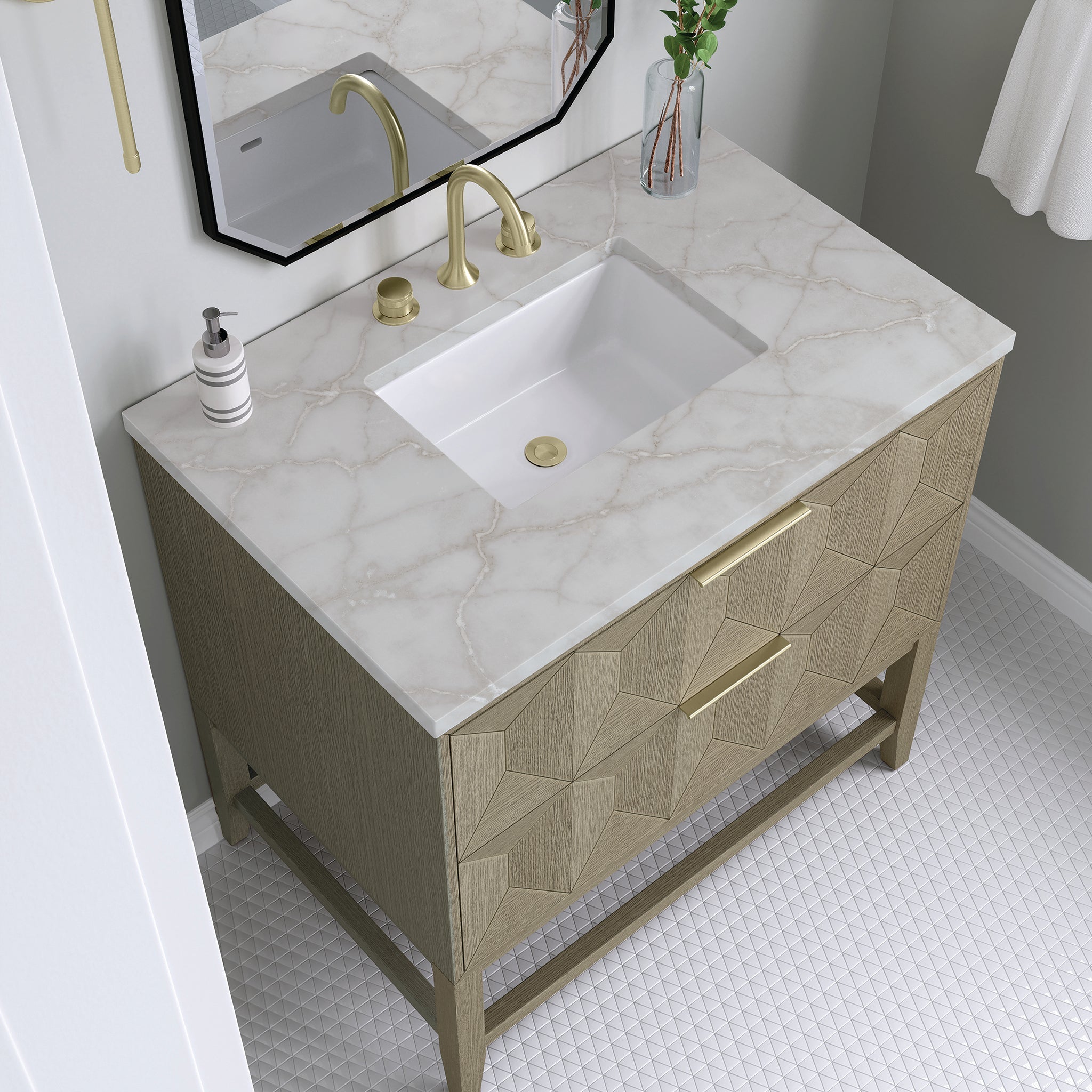 James Martin Emmeline 36" Single Bathroom Vanity, Pebble Oak with Victorian Silver countertop