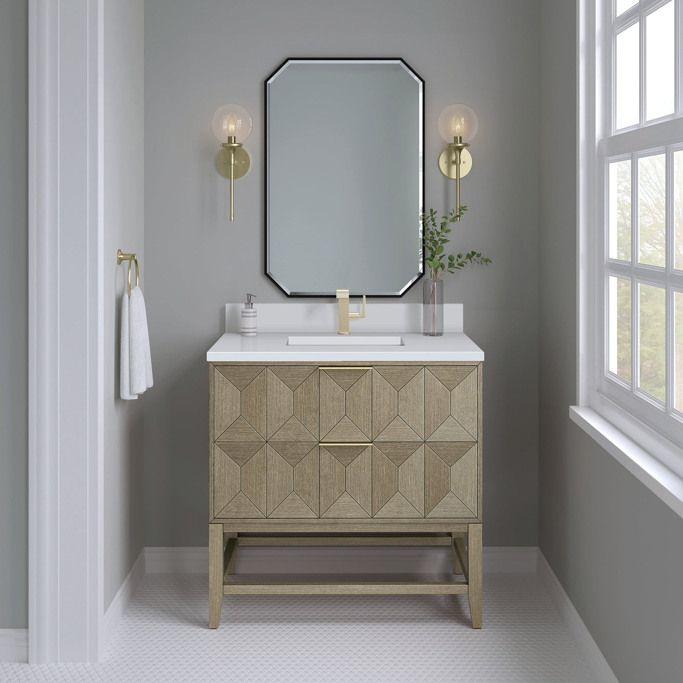 James Martin Emmeline 36" Single Bathroom Vanity, Pebble Oak with White Zeus (Single Hole, with Backsplash) countertop
