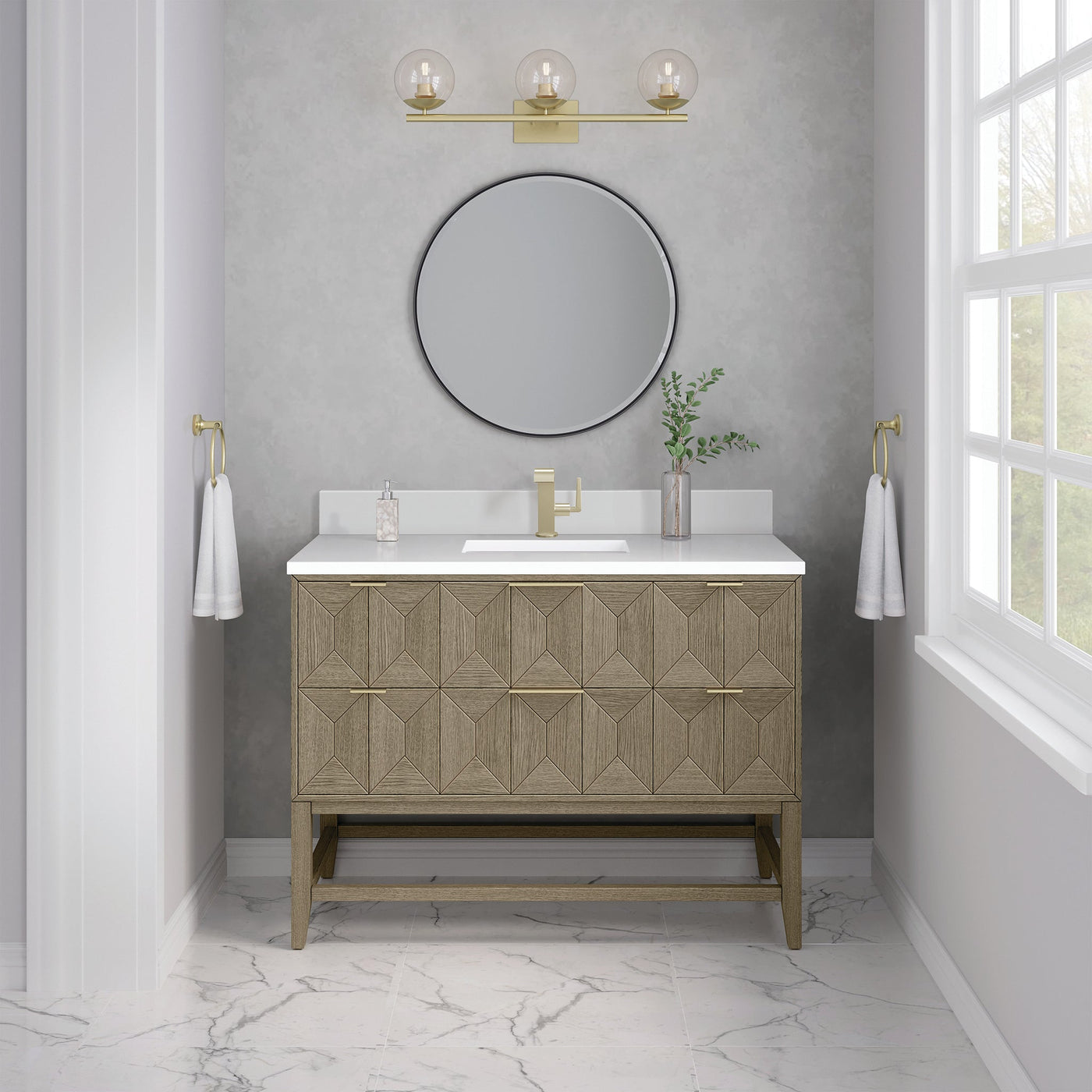 James Martin Emmeline 48" Single Bathroom Vanity, Pebble Oak with White Zeus (Single Hole, with Backsplash) countertop