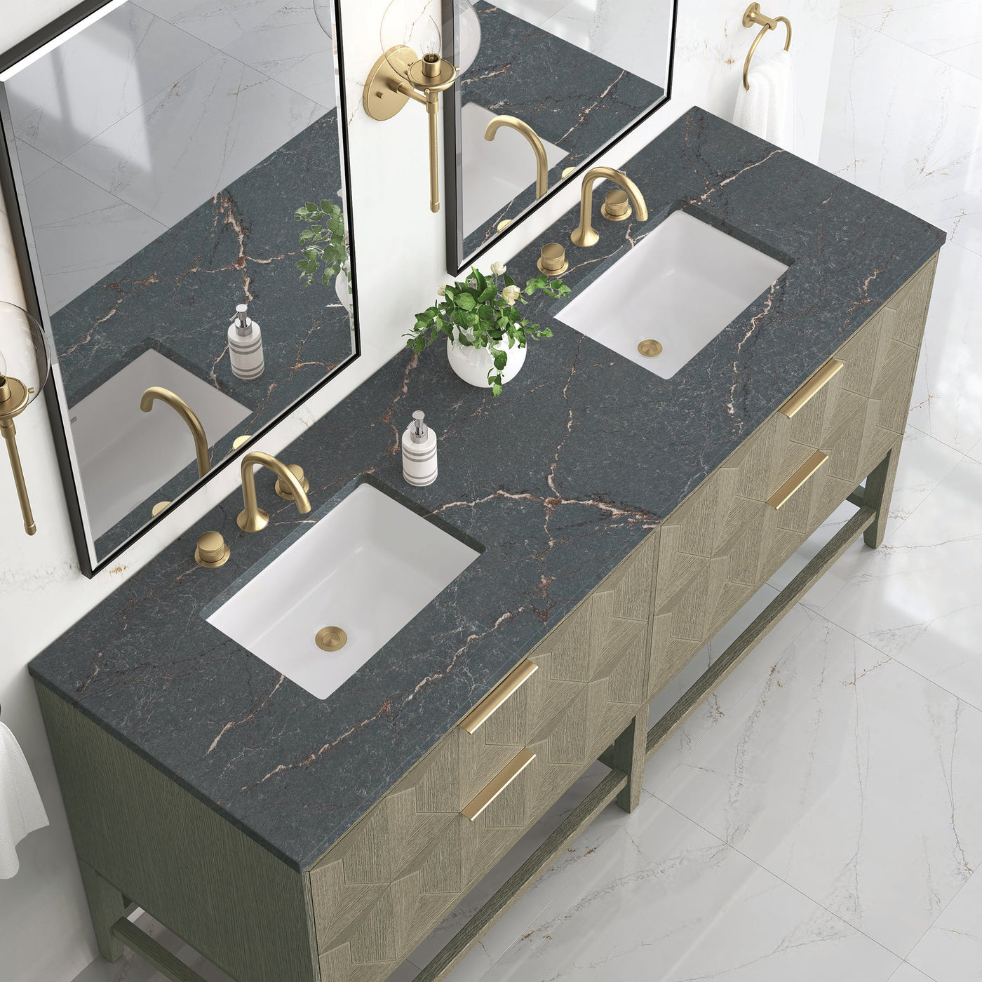James Martin Emmeline 72" Double Bathroom Vanity, Pebble Oak with Parisien Bleu countertop