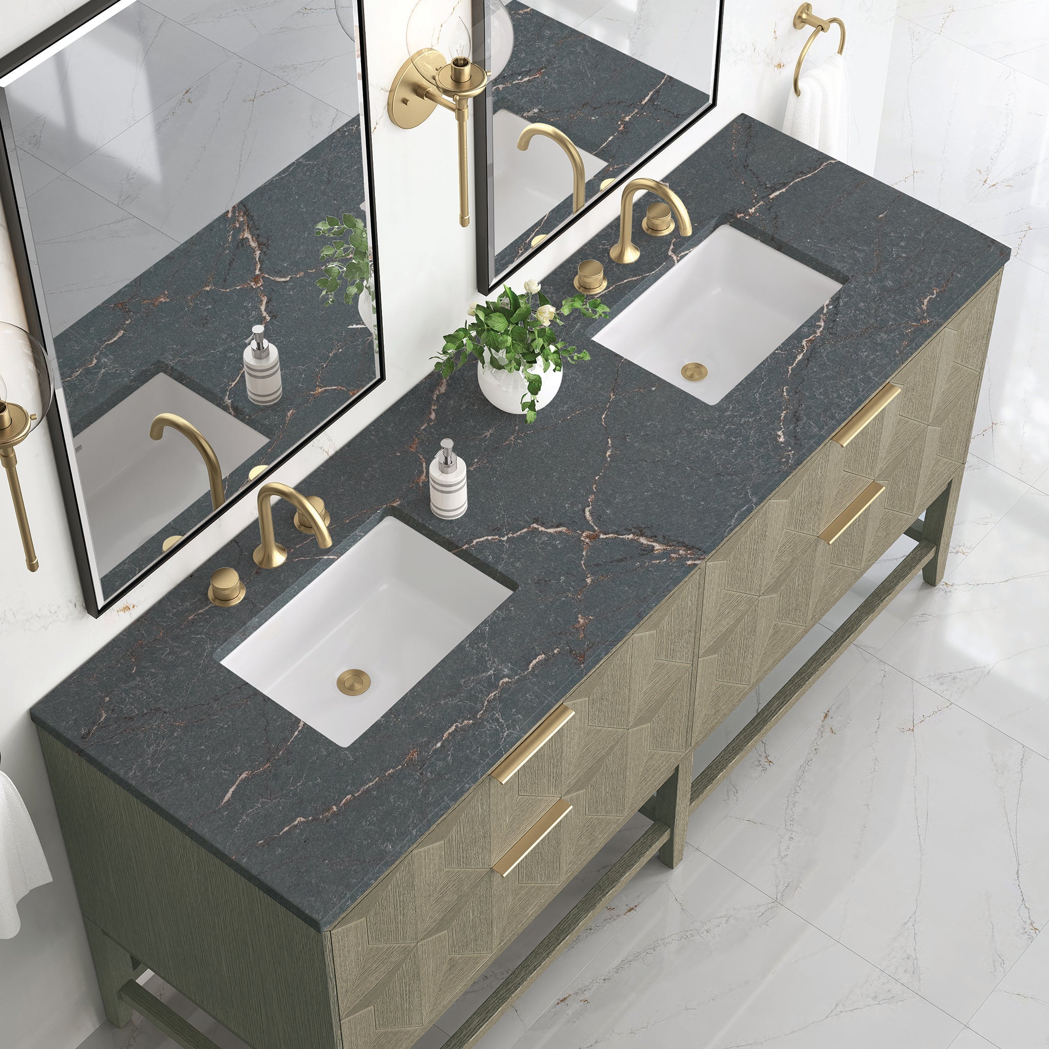 James Martin Emmeline 72" Double Bathroom Vanity, Pebble Oak with Parisien Bleu countertop