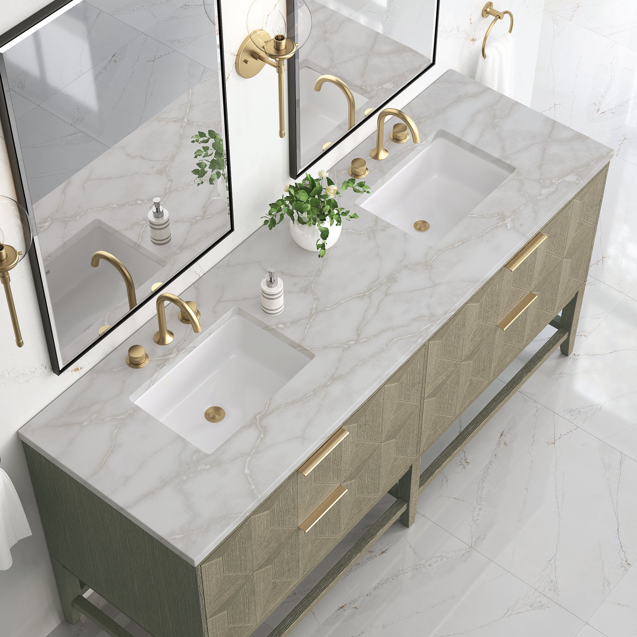 James Martin Emmeline 72" Double Bathroom Vanity, Pebble Oak with Victorian Silver countertop