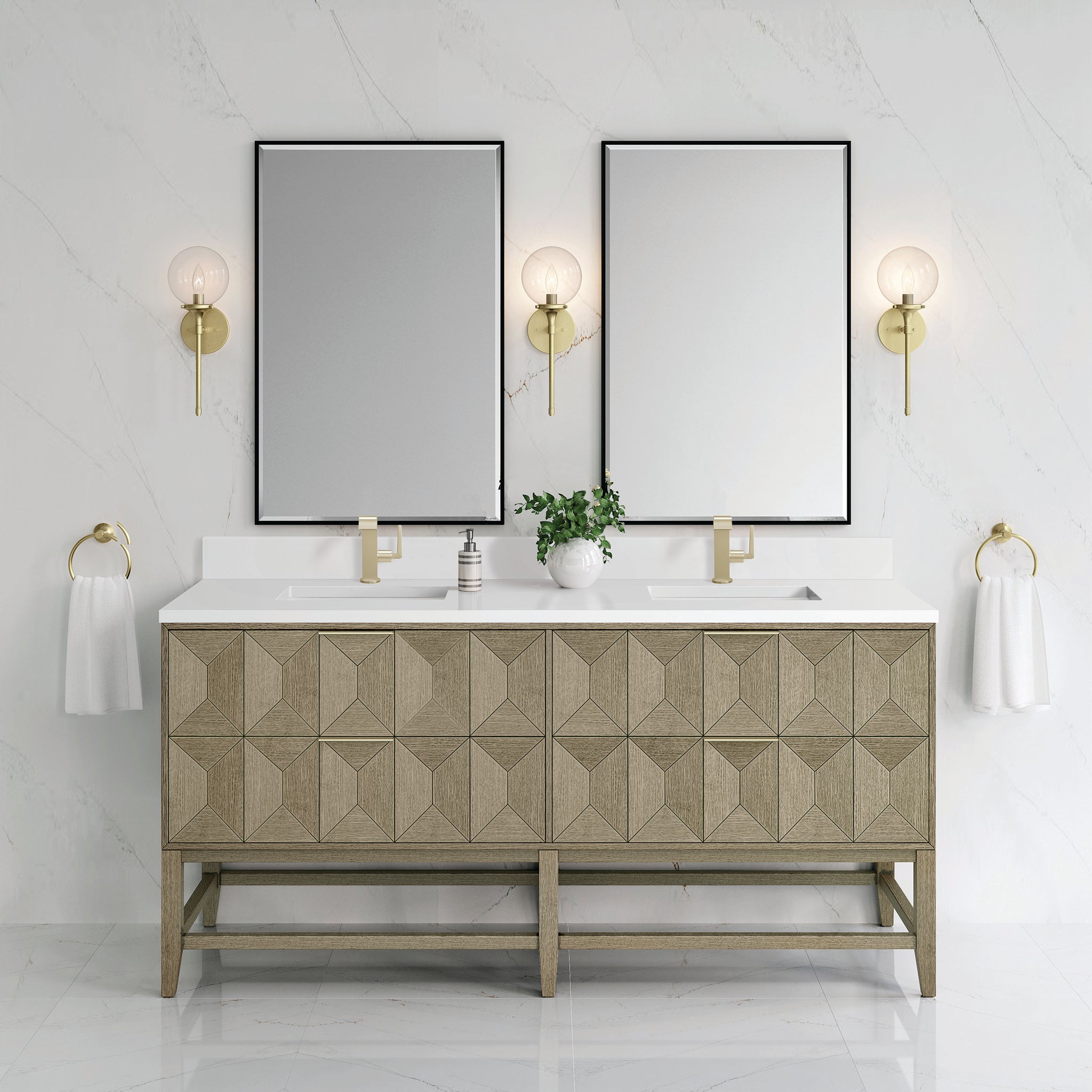 James Martin Emmeline 72" Double Bathroom Vanity, Pebble Oak with White Zeus (Single Hole, with Backsplash) countertop