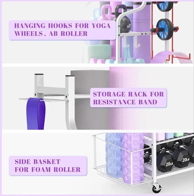 Mythinglogic Yoga Mat Storage Racks, Home Gym Storage Rack for Dumbbells Kettlebells Foam Roller, Yoga Strap and Resistance Bands, Workout Equipment Storage Organizer With Hooks and Wheels by Selzalot