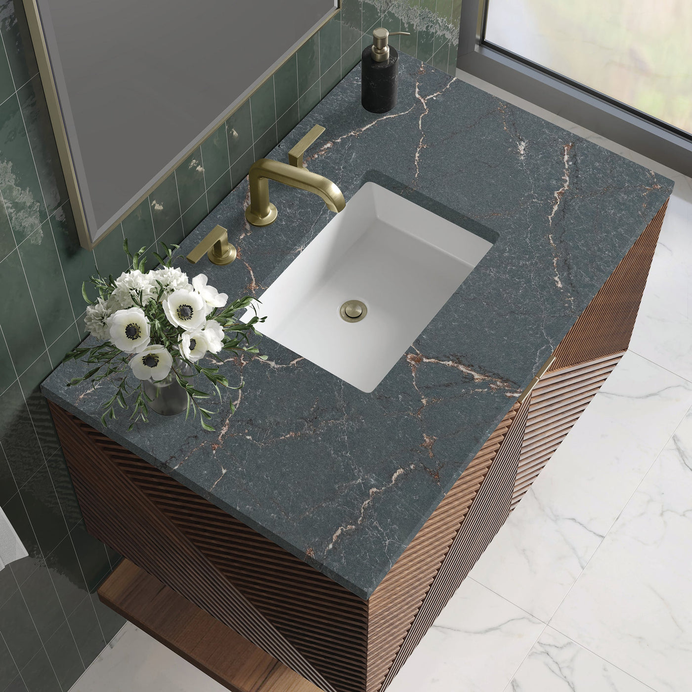 James Martin Marcello 36" Floating Single Bathroom Vanity, Chestnut with Parisien Bleu countertop