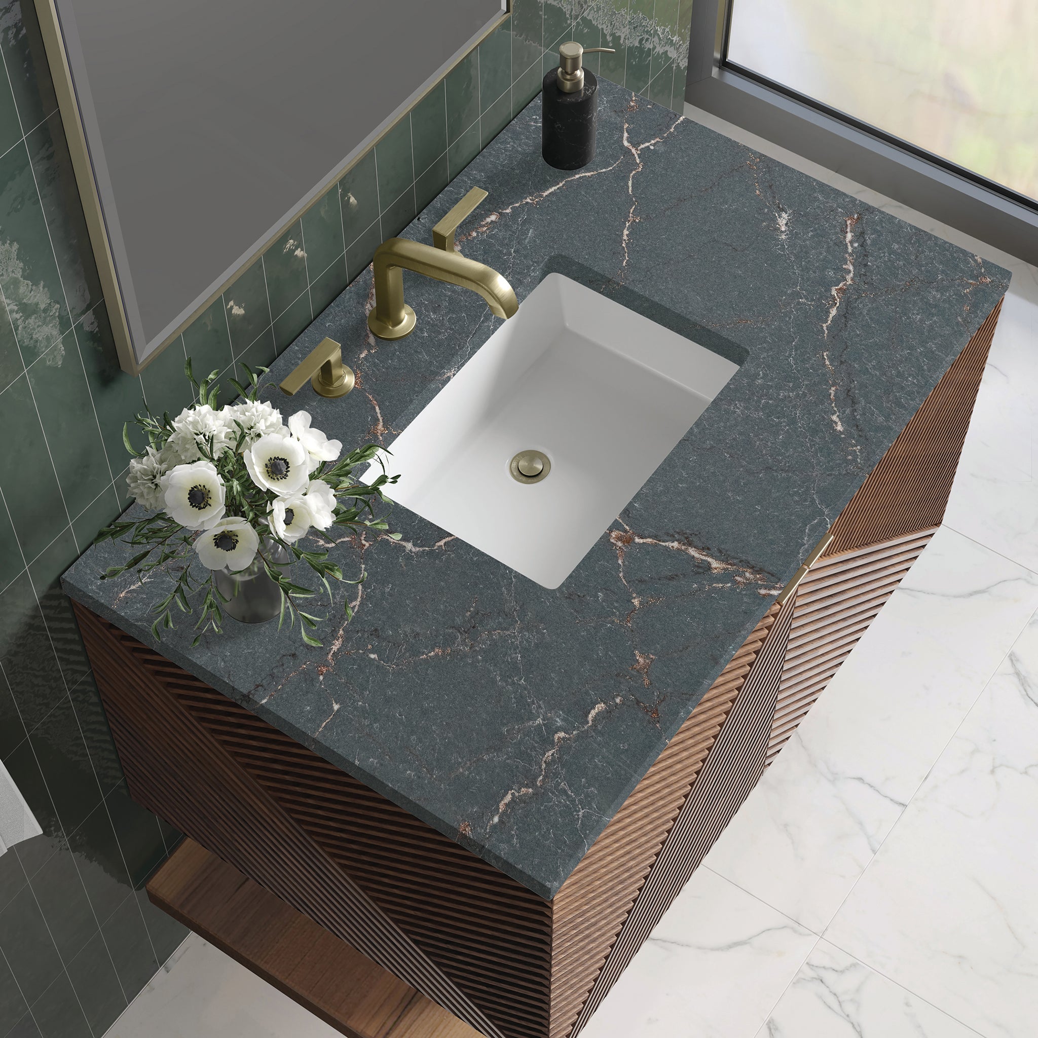 James Martin Marcello 36" Floating Single Bathroom Vanity, Chestnut with Parisien Bleu countertop