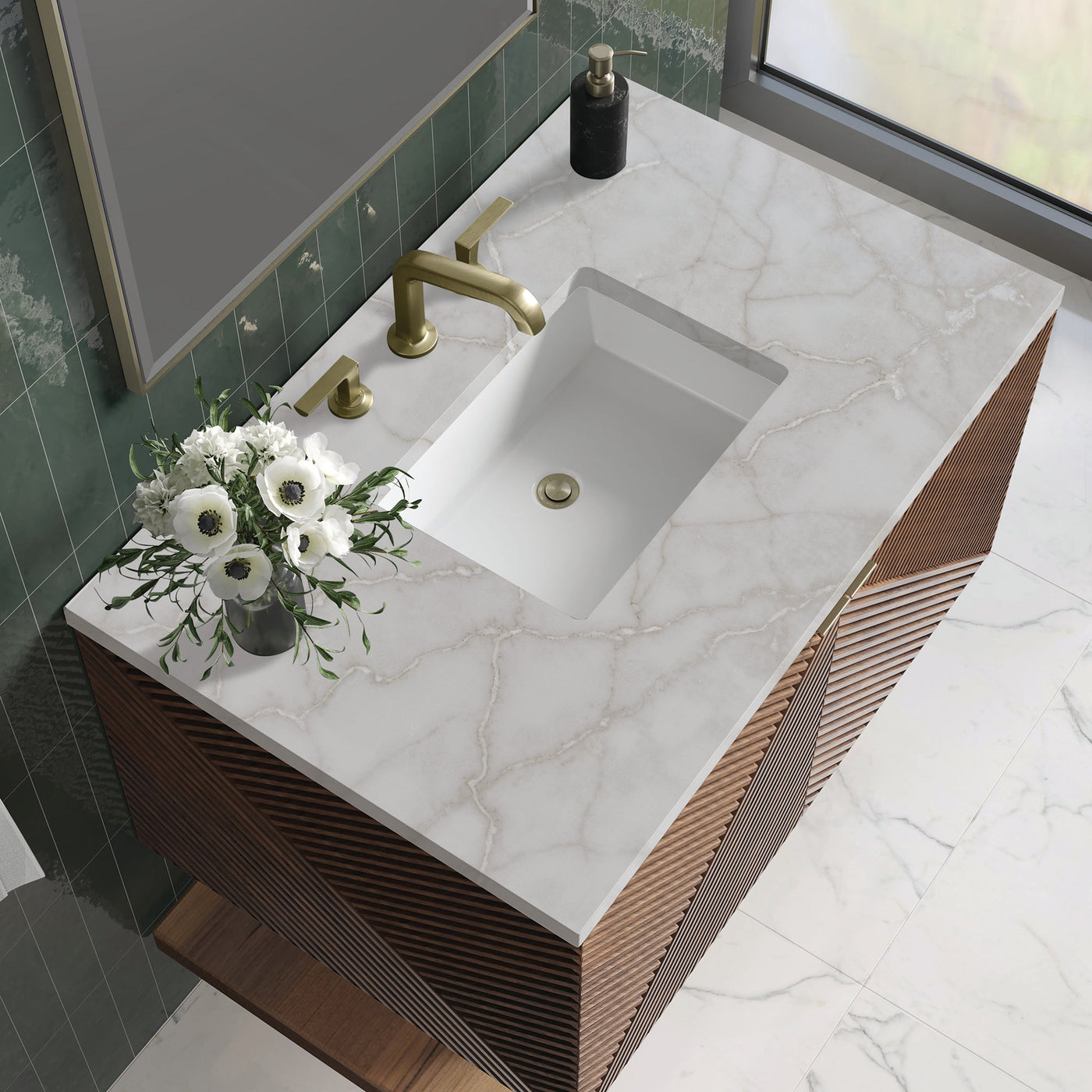 James Martin Marcello 36" Floating Single Bathroom Vanity, Chestnut with Victorian Silver countertop