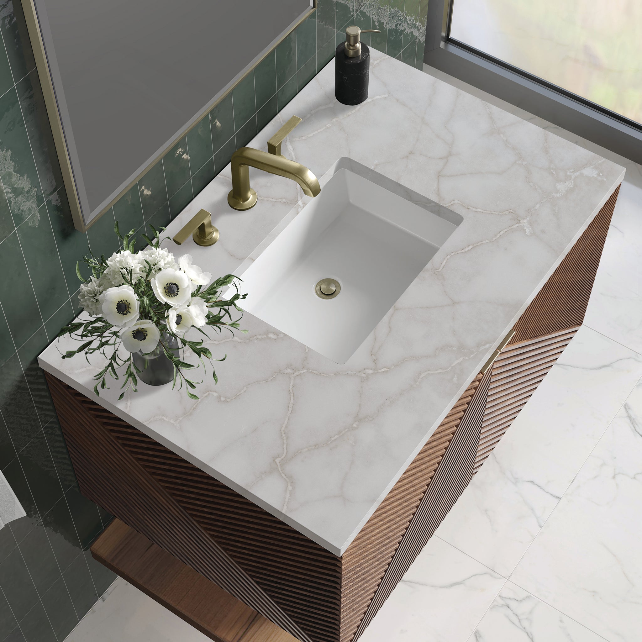 James Martin Marcello 36" Floating Single Bathroom Vanity, Chestnut with Victorian Silver countertop