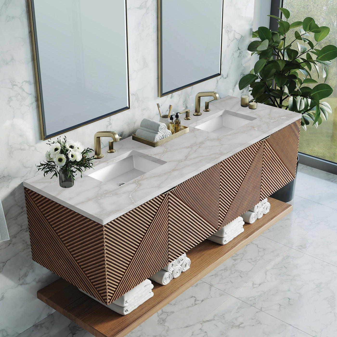 James Martin Marcello 72" Floating Double Bathroom Vanity, Chestnut with Victorian Silver countertop