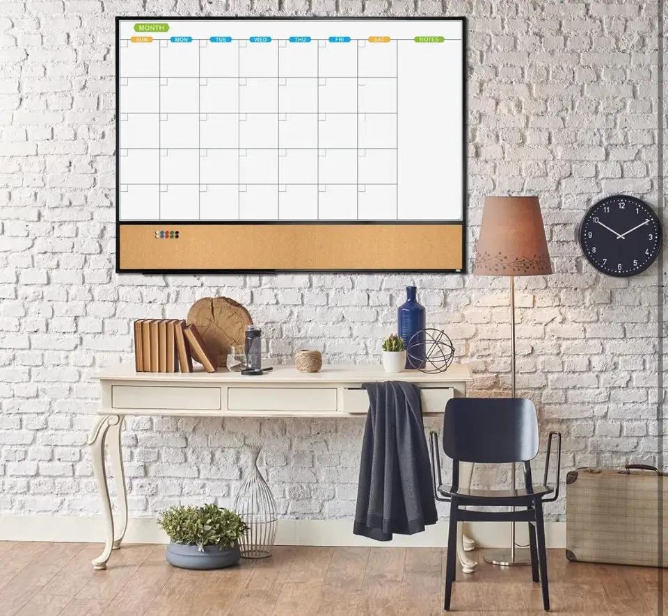 JILoffice Magnetic Calendar Whiteboard & Bulletin Corkboard Combination, Combo Board 48 × 36 Inch, Black Aluminum Frame Wall Mounted Board for Office Home and School with 10 Push Pins by Selzalot