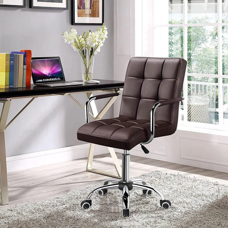 Dark Brown Modern Faux Leather Mid-Back Office Chair with Armrests and Wheels by HomePacific