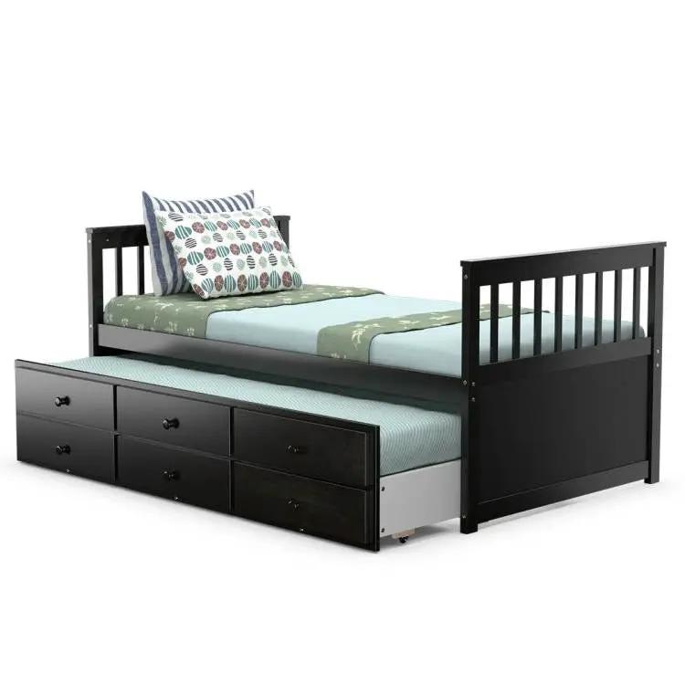 Twin Captains Bed with Pull Out Trundle and 3 Storage Drawers - Dark Brown Mocha by HomePacific
