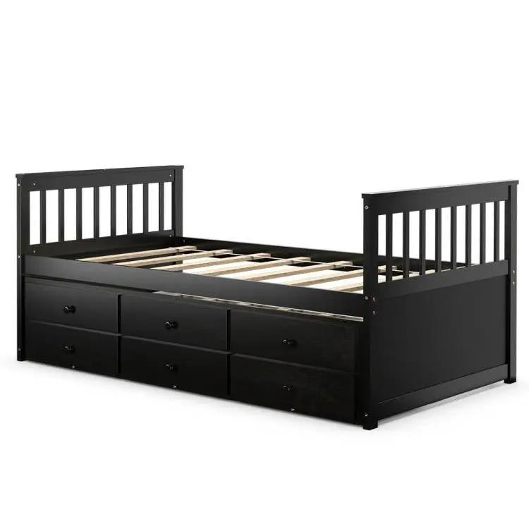 Twin Captains Bed with Pull Out Trundle and 3 Storage Drawers - Dark Brown Mocha by HomePacific