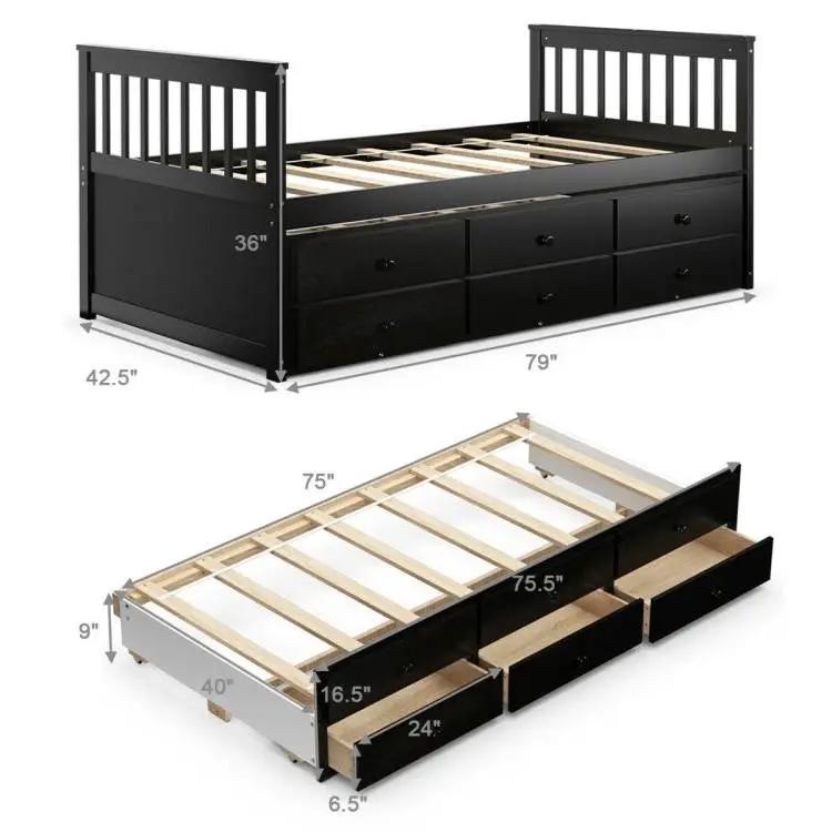 Twin Captains Bed with Pull Out Trundle and 3 Storage Drawers - Dark Brown Mocha by HomePacific