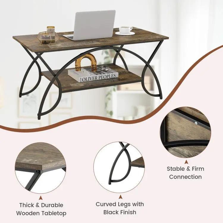 Rustic Farmhouse 2 Tier Brown Wood Coffee Table with Curved Metal Legs by HomePacific