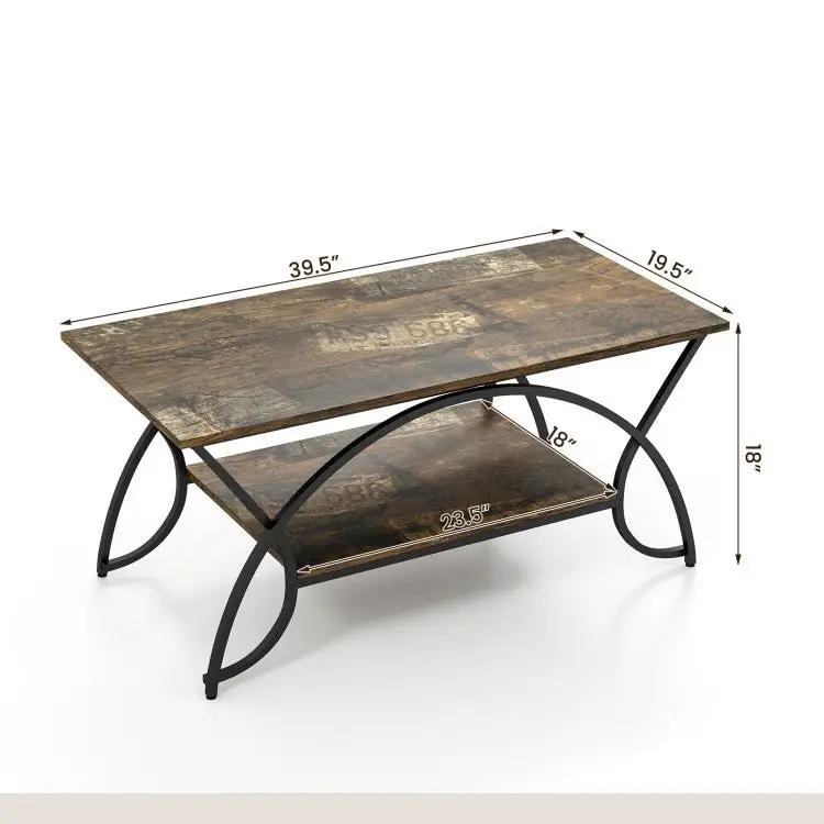 Rustic Farmhouse 2 Tier Brown Wood Coffee Table with Curved Metal Legs by HomePacific