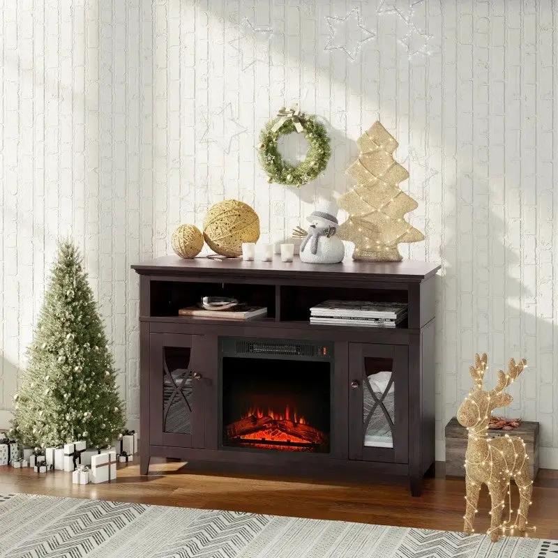 Espresso Electric Fireplace Mantel TV Stand w/ Adjustable Shelves 2 Storage Cabinets by HomePacific