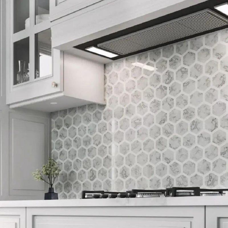 White Gray 10x12 Polished Hexagon Bianco Carrara Thassos Marble Mosaic Tile (5 pack, 4.34 sq ft/case) by Apollo Tile
