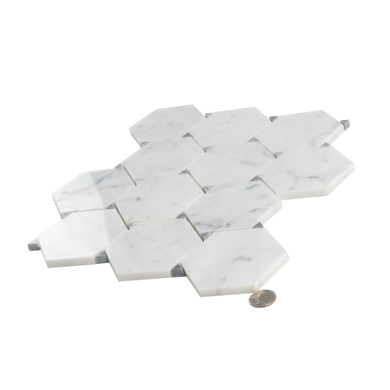 Cotton White 11x12 Polished Hexagon Bianco Carrara Bardiglio Marble Mosaic Tile (5 pack, 4.73 sq ft/case) by Apollo Tile