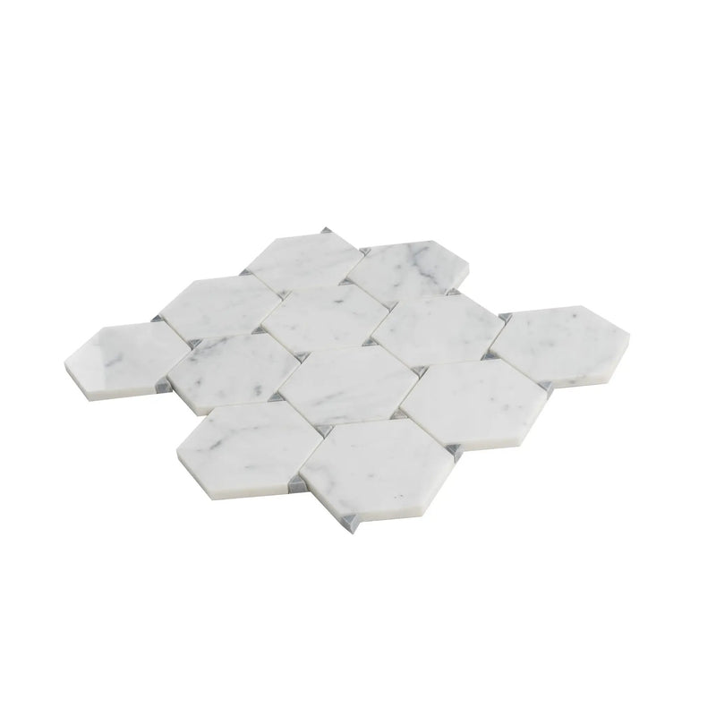 Cotton White 11x12 Polished Hexagon Bianco Carrara Bardiglio Marble Mosaic Tile (5 pack, 4.73 sq ft/case) by Apollo Tile