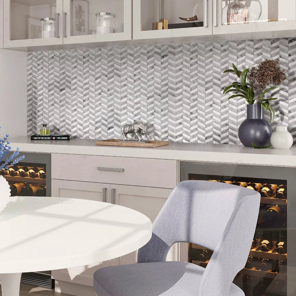 Carrara Gray, Eastern White 11x13 Polished Herringbone Marble Mosaic Tile (5 pack, 5.15 sq ft/case)