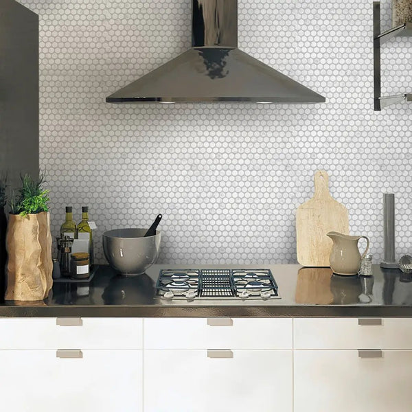 White 11x12 Honed Penny Round Bianco Carrara Marble Mosaic Tile (5 pack, 4.83 sq ft/case)