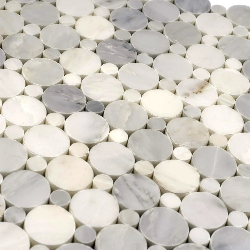 Oriental White 12x12 Polished Penny Round Marble Mosaic Tile (5 pack, 4.83 sq ft/case) by Apollo Tile