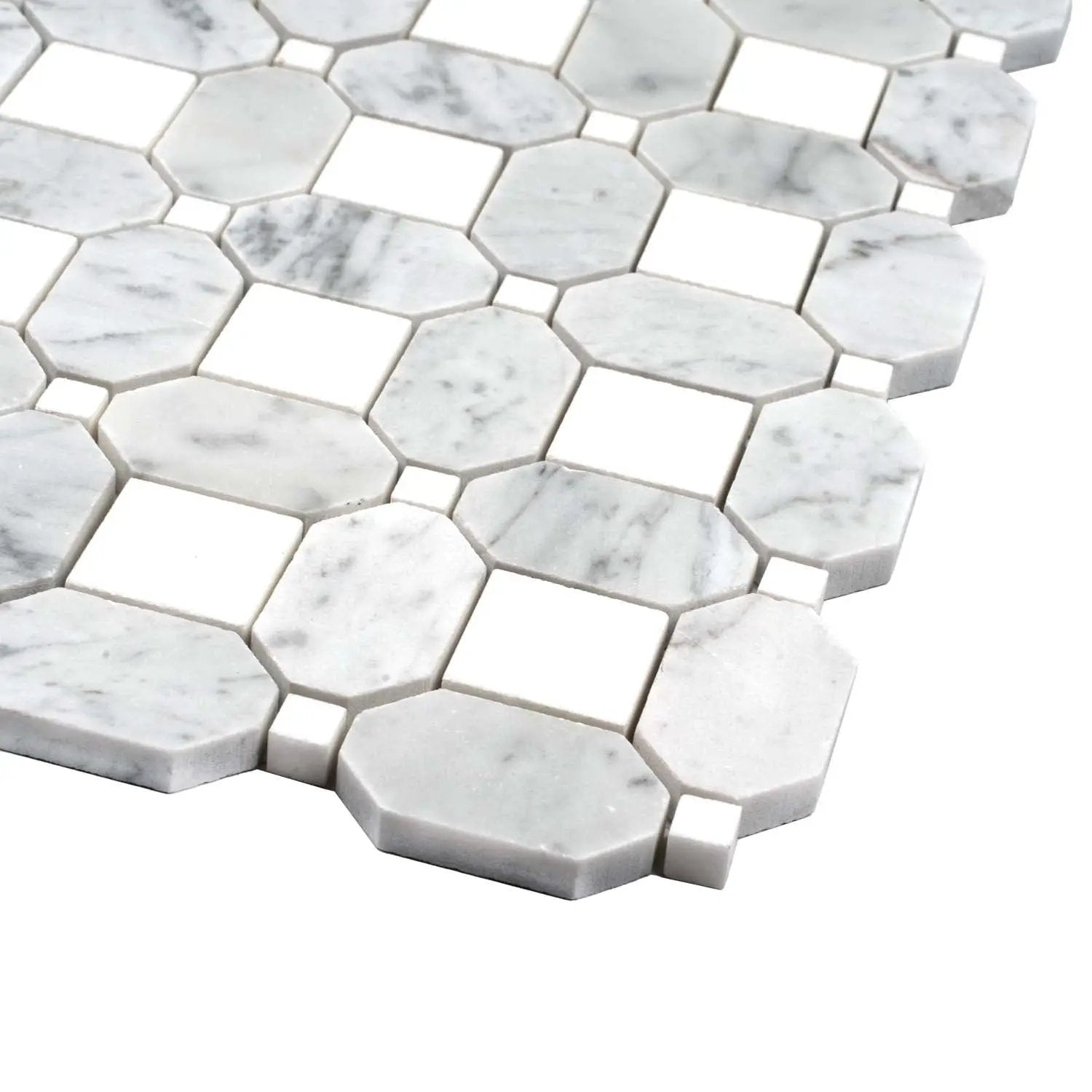 White Gray 12x12 Polished Multi-shaped Thassos Bianco Carrara Marble Mosaic Tile (5 pack, 5.17 sq ft/case) by Apollo Tile