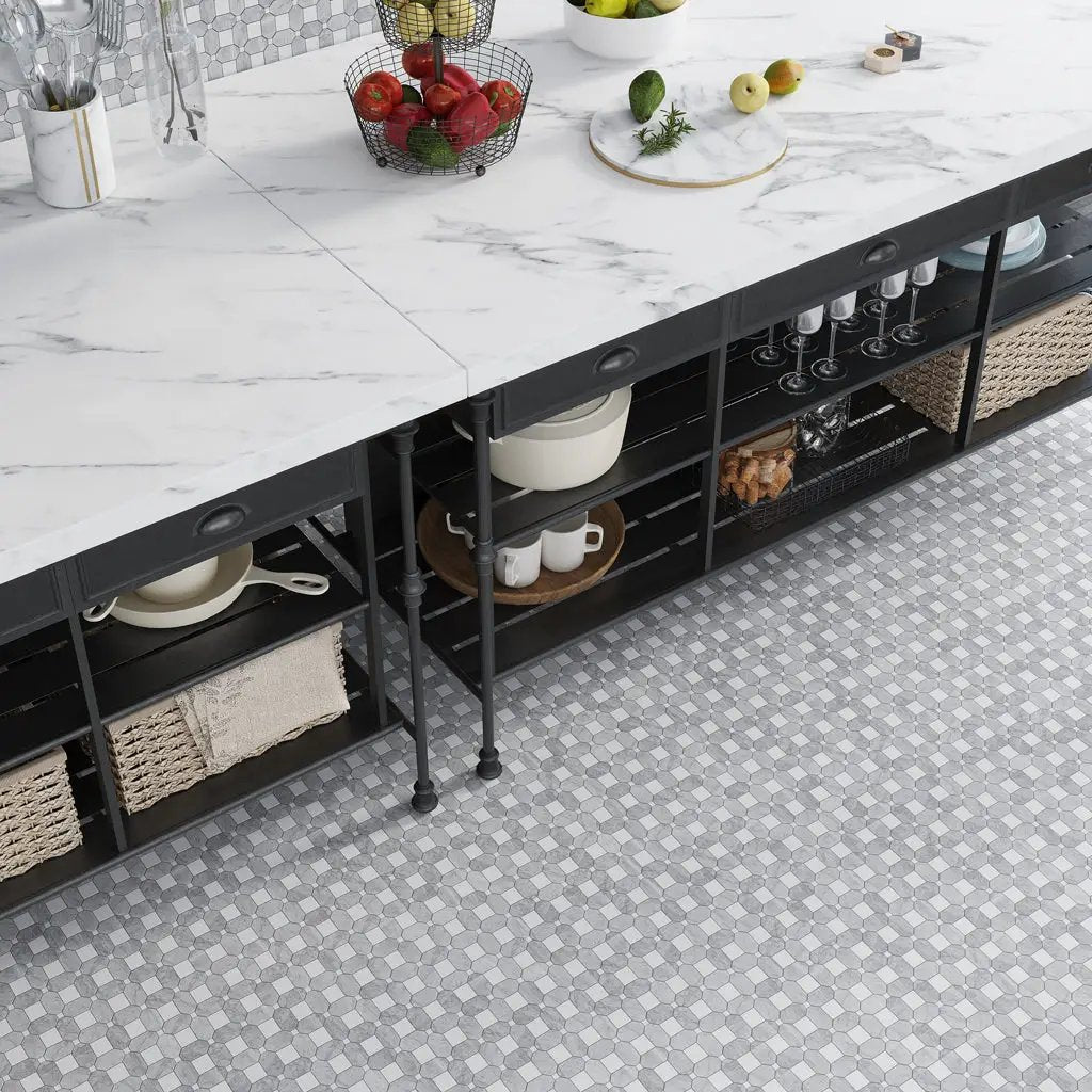White Gray 12x12 Polished Multi-shaped Thassos Bianco Carrara Marble Mosaic Tile (5 pack, 5.17 sq ft/case) by Apollo Tile