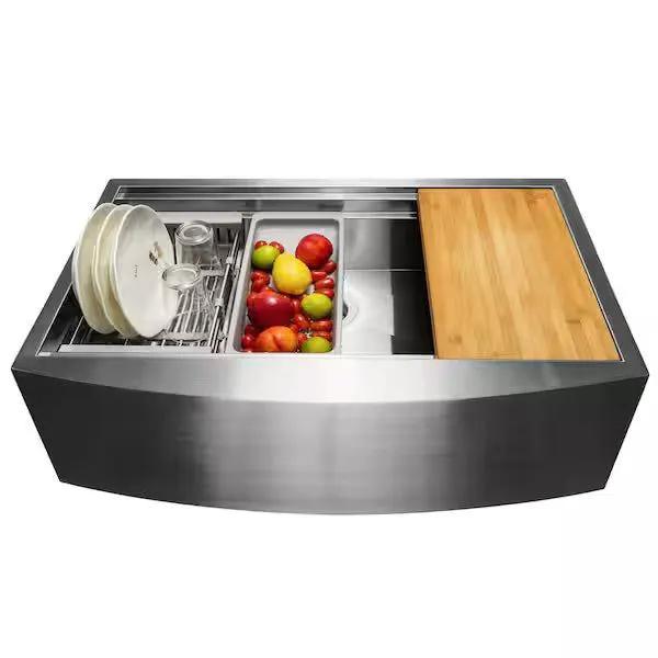 Open Box AKDY Handmade Farmhouse Apron Front 33 in. x 22 in. Single Bowl Stainless Steel Workstation Kitchen Sink with Accessories by Selzalot