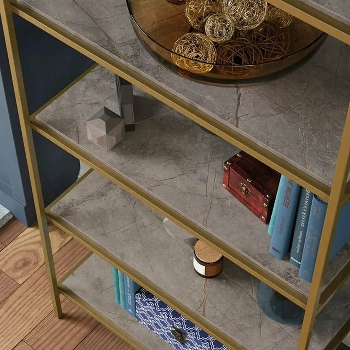Gold Metal Display Rack Etagere Bookcase with 5 Faux Stone Storage Shelves by HomePacific