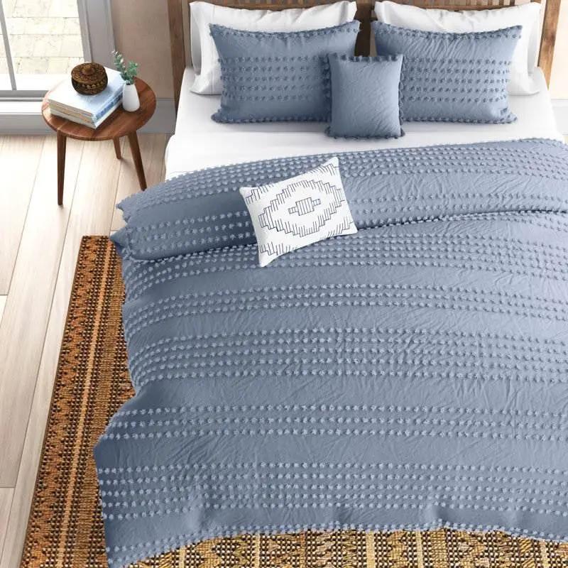 King size 5-Piece 100-Percent Cotton Clip Dot Boho Comforter Set in Denim Blue by HomePacific