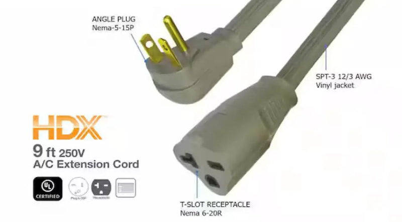 HDX 9 ft. 12/3 20 Amp 250-Volt Air Conditioner Extension Cord, Grey by Selzalot
