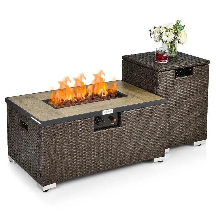 Outdoor Propane Fire Pit with Side Table Tank Holder in Brown PE Rattan by HomePacific