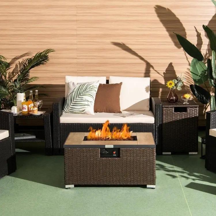 Outdoor Propane Fire Pit with Side Table Tank Holder in Brown PE Rattan by HomePacific