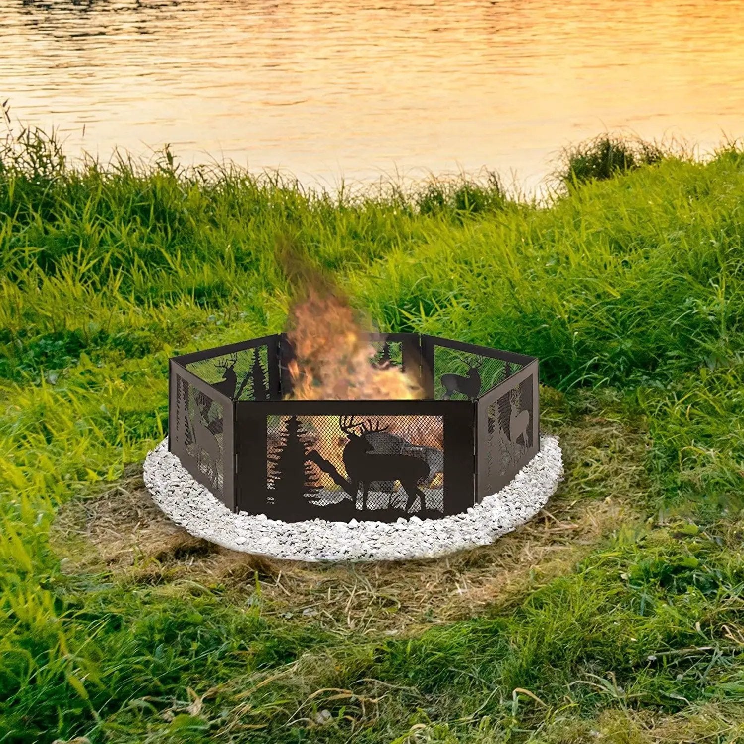 Deer Print Hexagon Portable Folding Steel Mesh Fire Pit w/ Carry Case by HomePacific