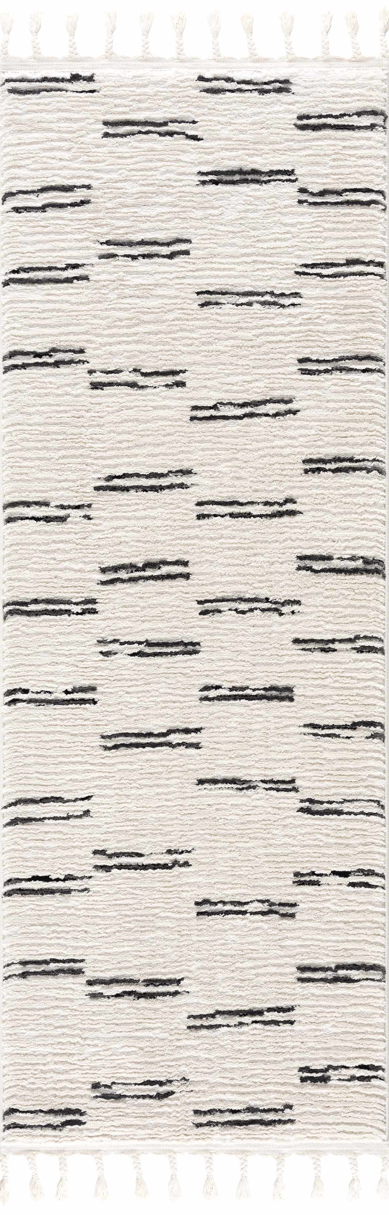 Riad Black Striped White Rug with Tassels by Boutique Rugs