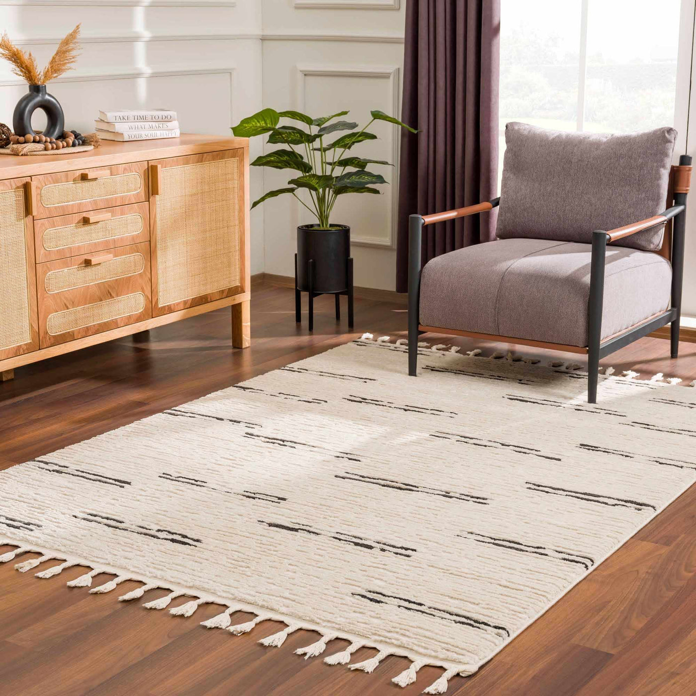 Riad Black Striped White Rug with Tassels by Boutique Rugs