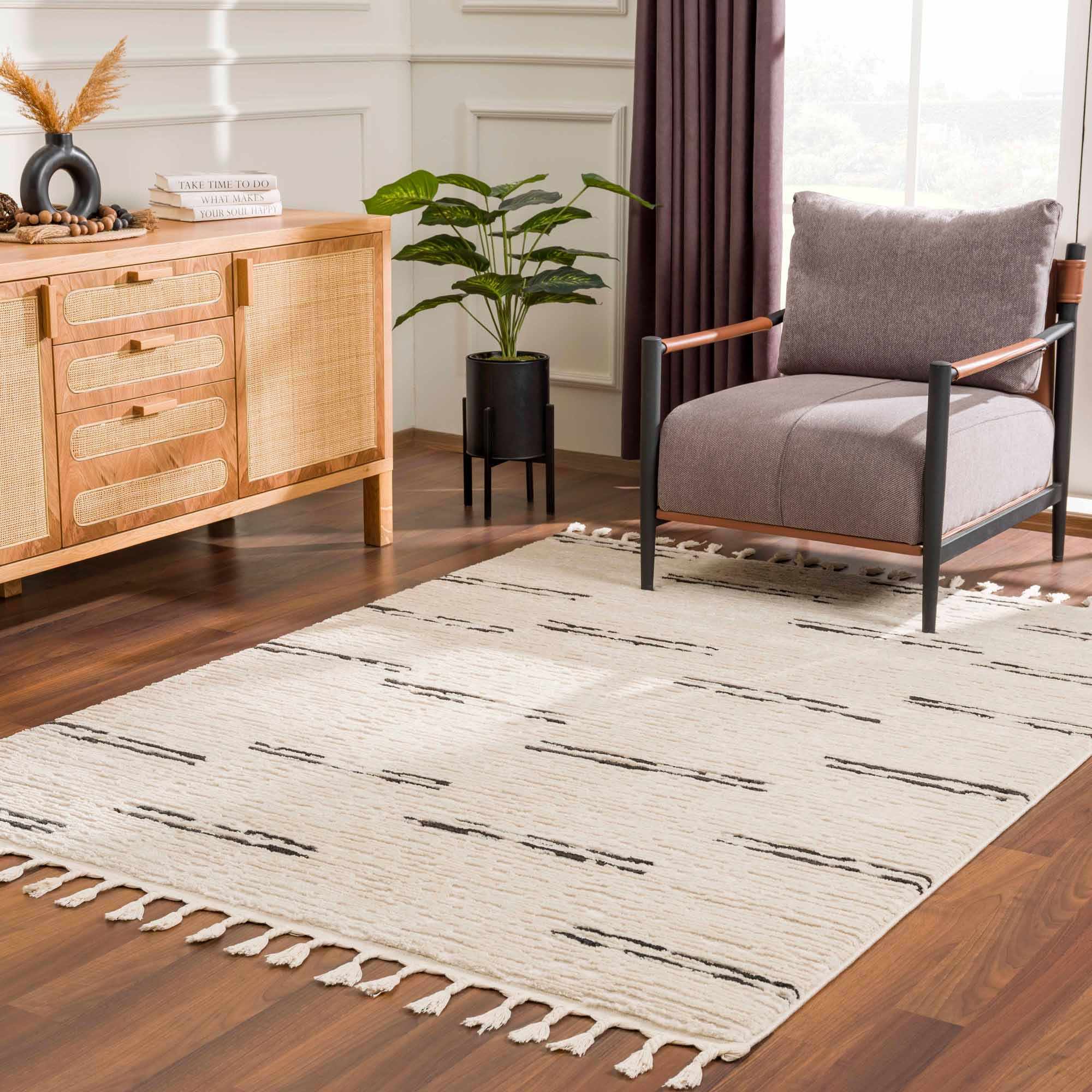 Riad Black Striped White Rug with Tassels by Boutique Rugs