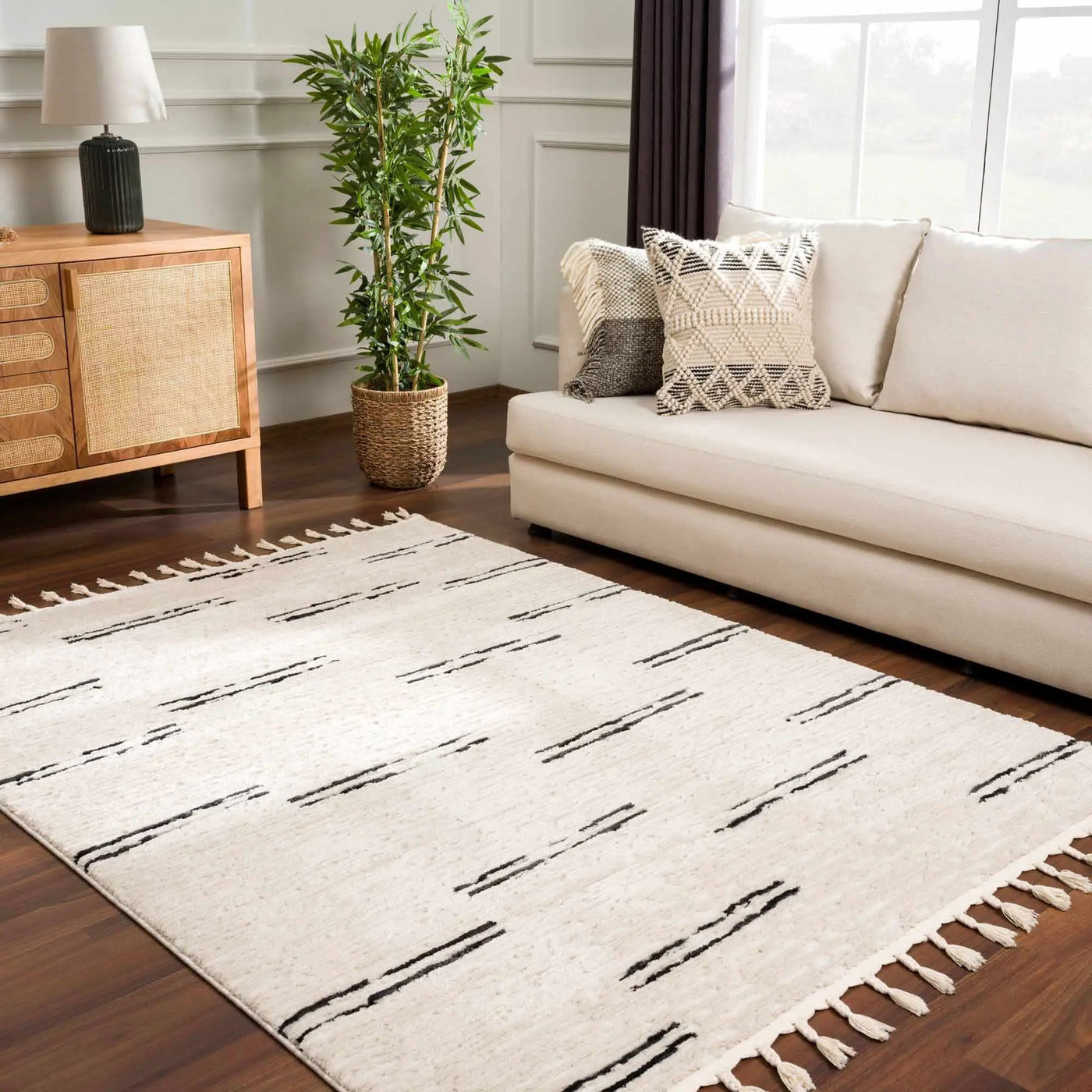 Riad Black Striped White Rug with Tassels by Boutique Rugs