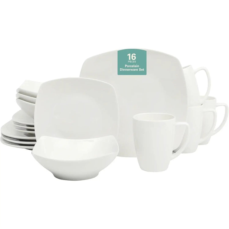 16 Pieces - White Square Porcelain Dinnerware Set - Service for 4 by HomePacific