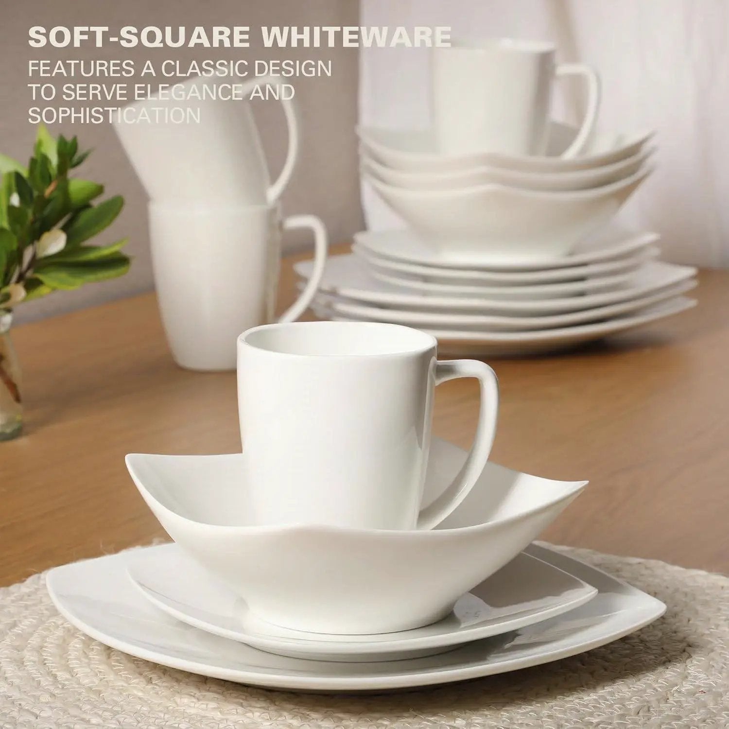 16 Pieces - White Square Porcelain Dinnerware Set - Service for 4 by HomePacific