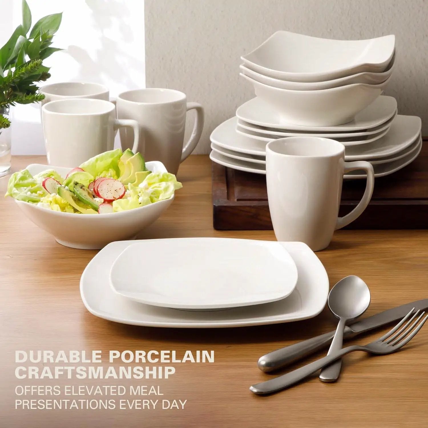 16 Pieces - White Square Porcelain Dinnerware Set - Service for 4 by HomePacific
